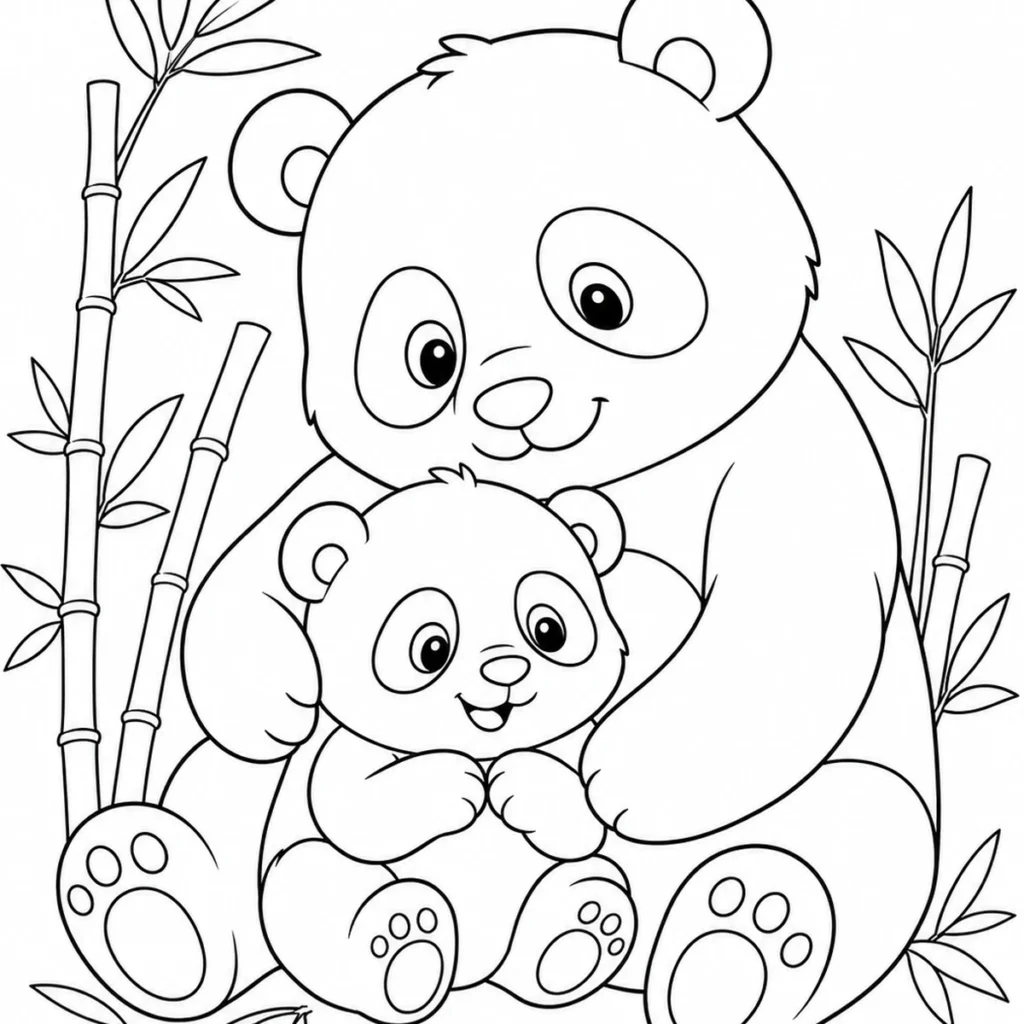 Au milieu des bambous, un panda protège tendrement son petit.