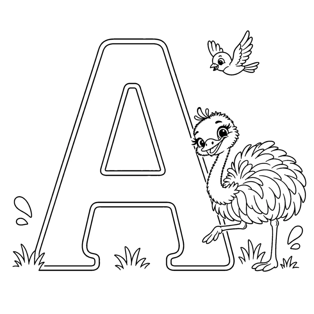 lettre A avec une adorable autruche et son petit compagnon ailé