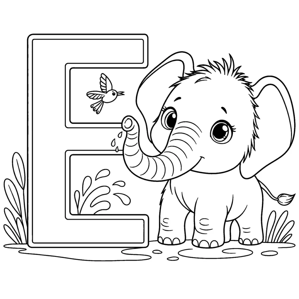 lettre E aux côtés d’un petit éléphant curieux qui joue avec l’eau