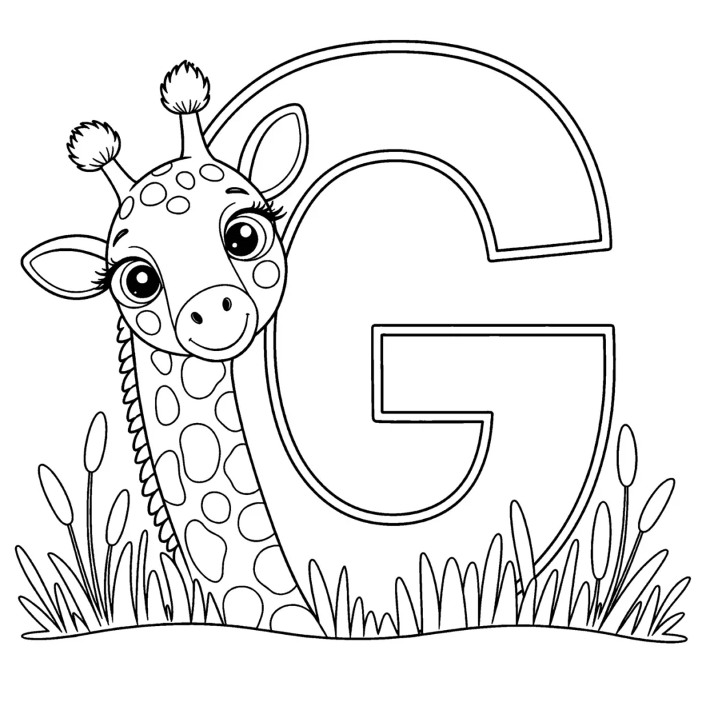 lettre G avec une jolie girafe entourée de hautes herbes