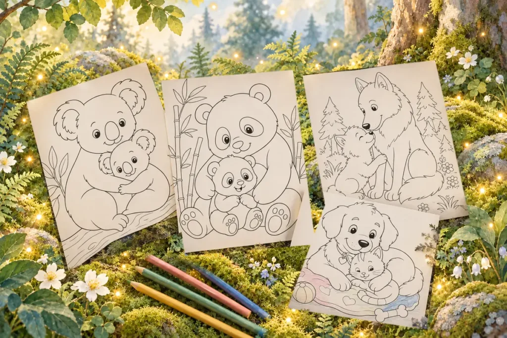 Coloriages Tendresse animale avec koalas, pandas, loups, chien et chaton